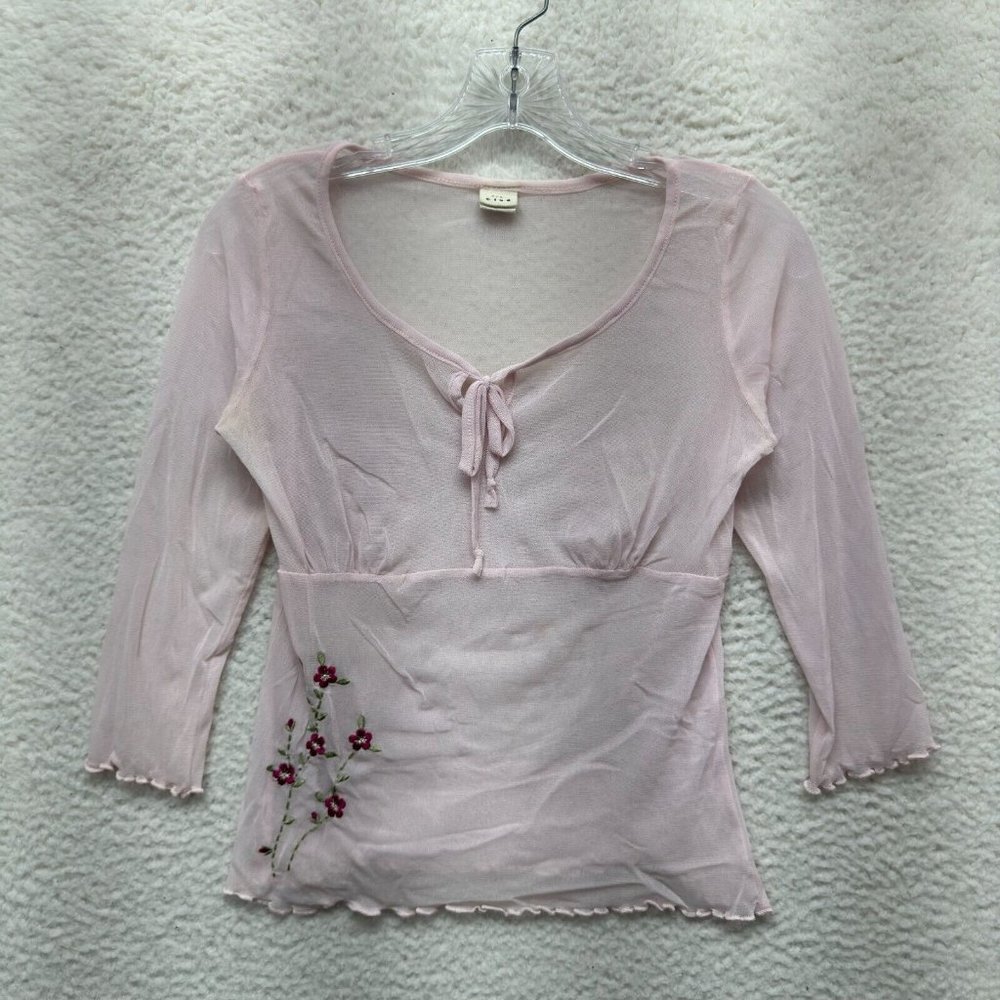 90s Y2K Vintage Whimsigoth Boho Fairy Grunge Mesh Top M Medium Pink Floral Sheer